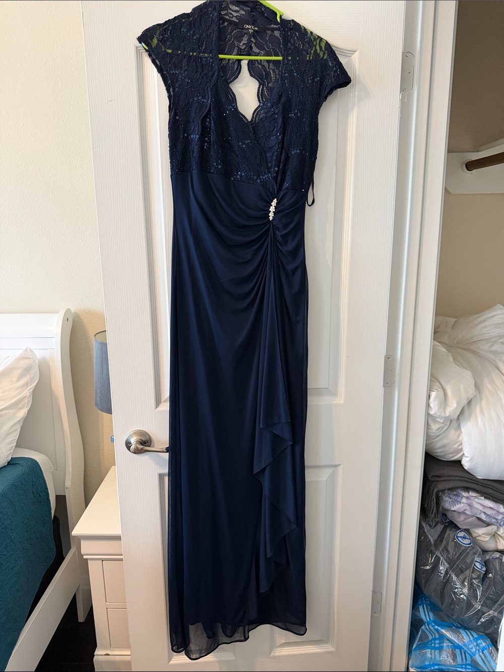 Onyx Nite Navy Lace-Top Draped Maxi Dress
